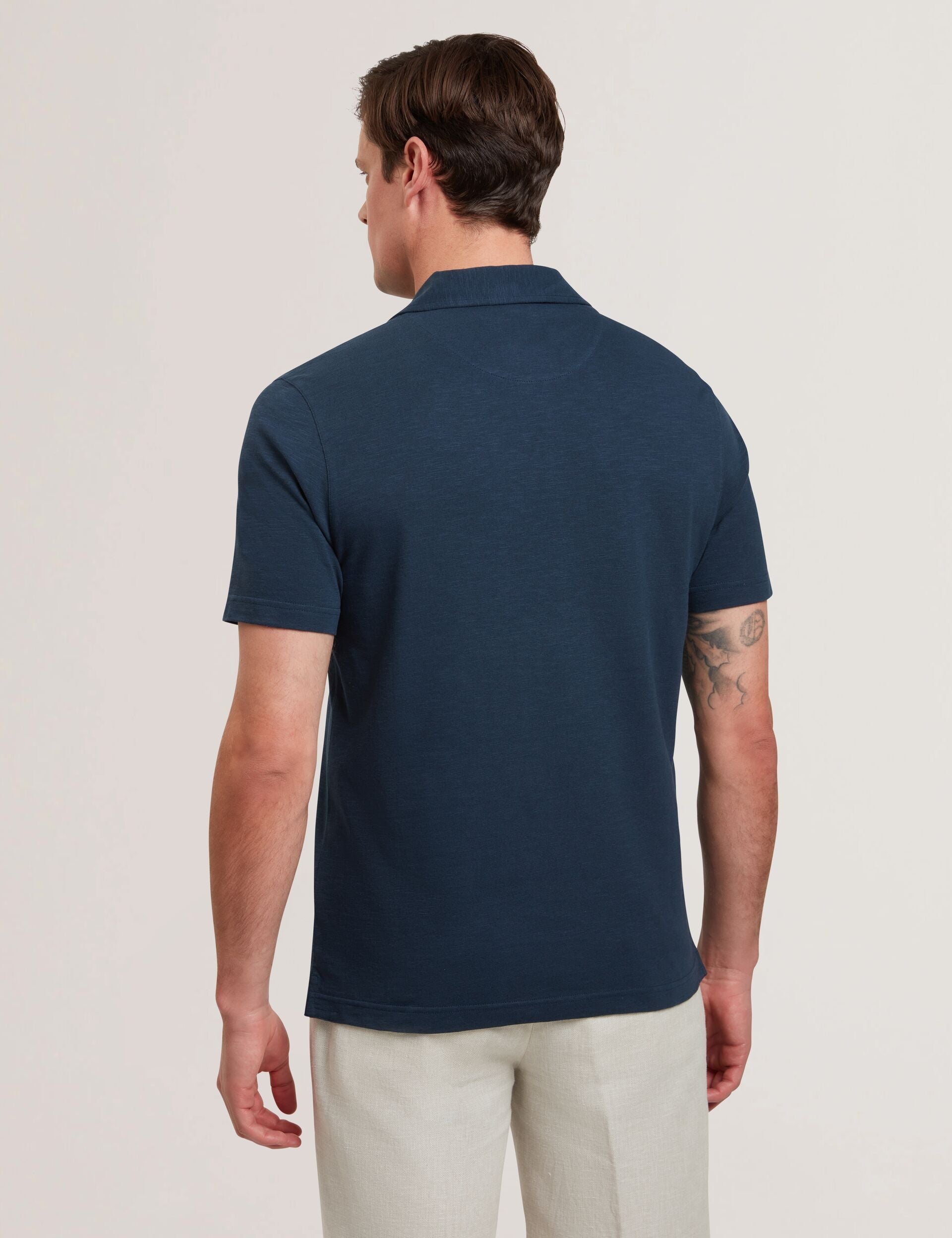 Ted Baker ANITO Open Neck Cotton Linen Polo Shirt NAVY