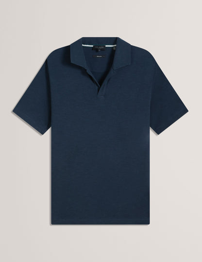 Ted Baker ANITO Open Neck Cotton Linen Polo Shirt NAVY