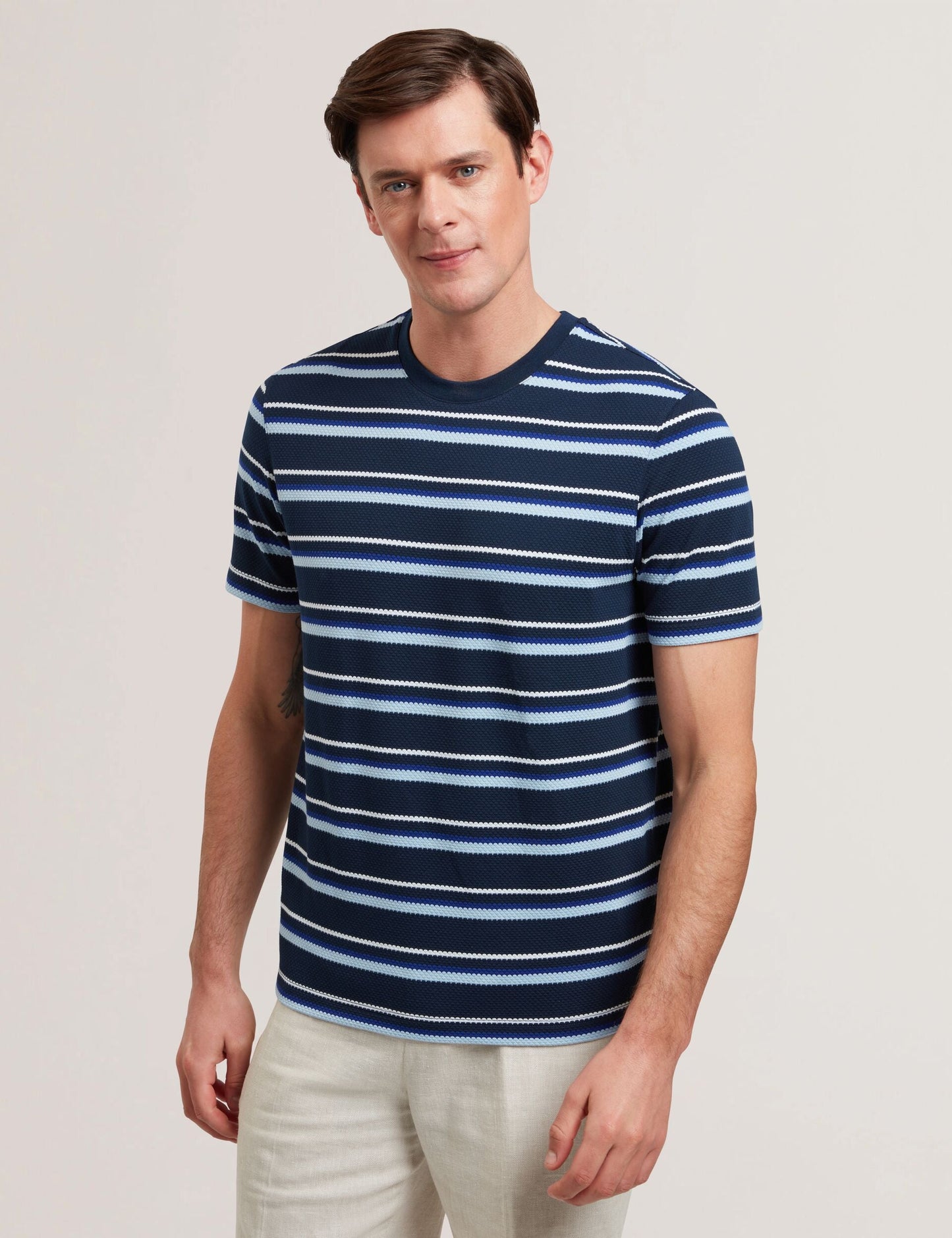 Ted Baker GORANO - Short Sleeve Textured Striped T-Shirt NAVY