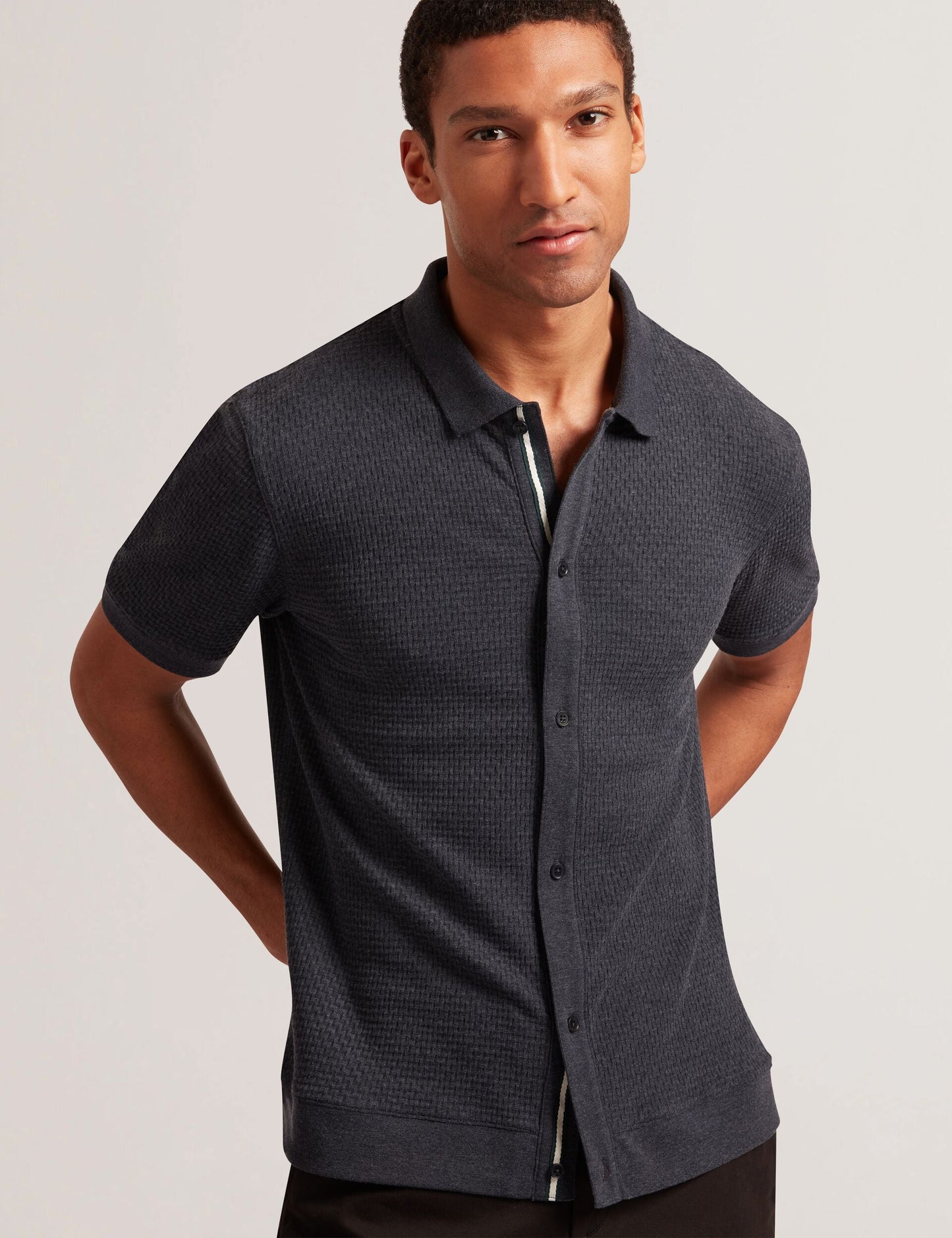 Ted Baker CONNYR Textured Knit Button-Through Polo Shirt in Navy NAVY