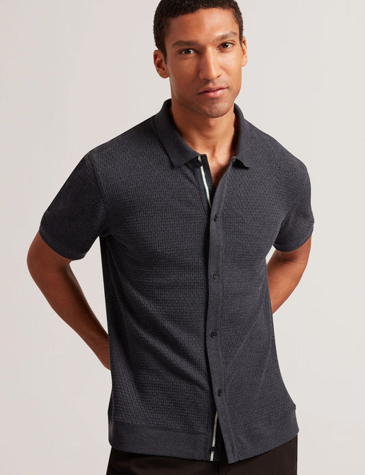Ted Baker CONNYR Textured Knit Button-Through Polo Shirt in Navy NAVY