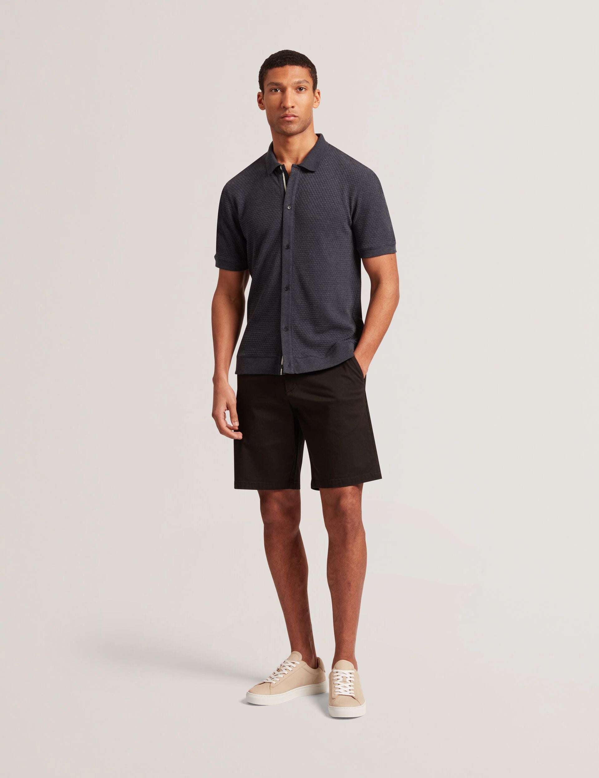 Ted Baker CONNYR Textured Knit Button-Through Polo Shirt in Navy NAVY