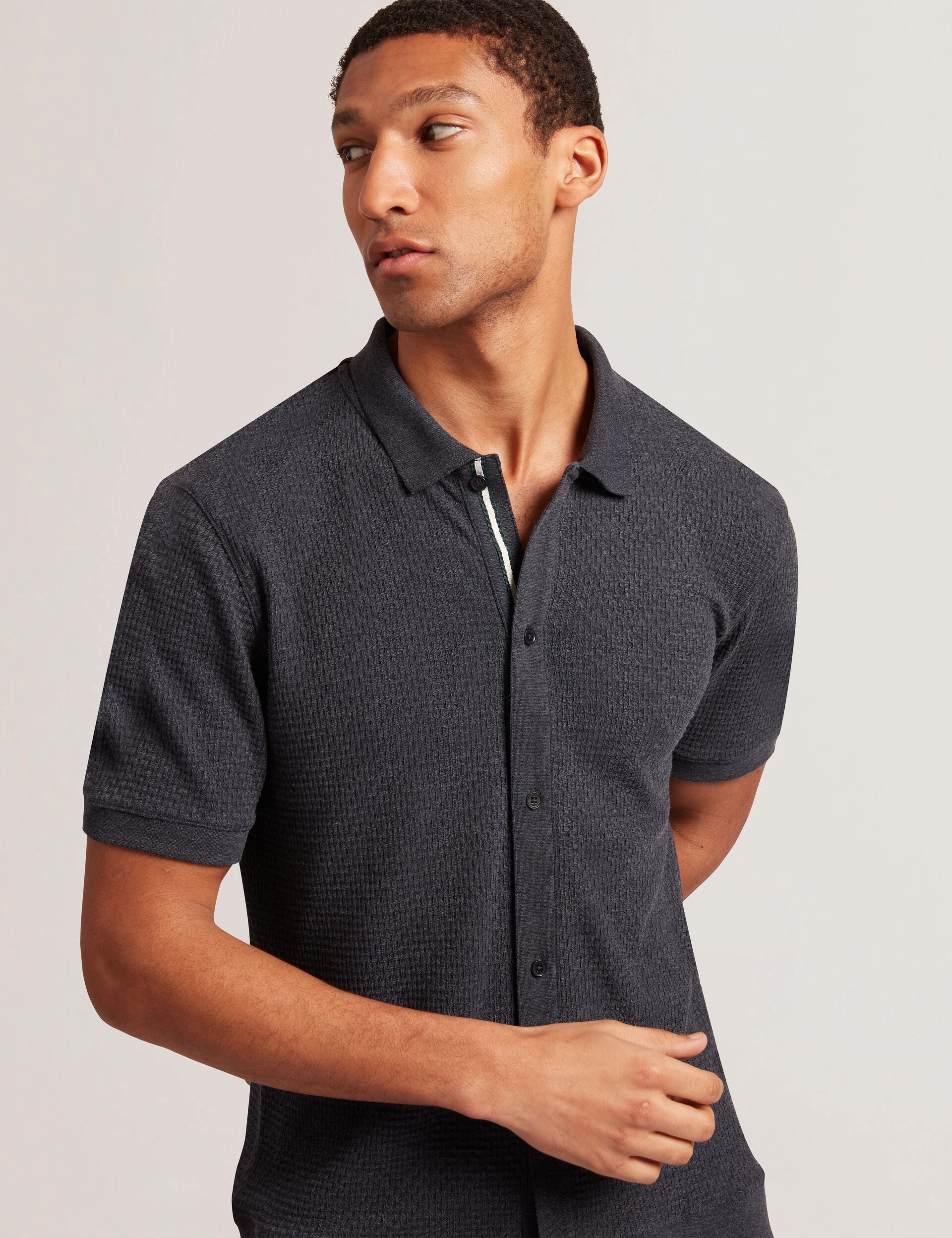 Ted Baker CONNYR Textured Knit Button-Through Polo Shirt in Navy NAVY
