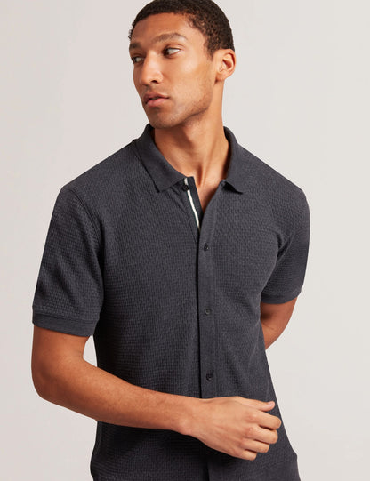 Ted Baker CONNYR Textured Knit Button-Through Polo Shirt in Navy NAVY