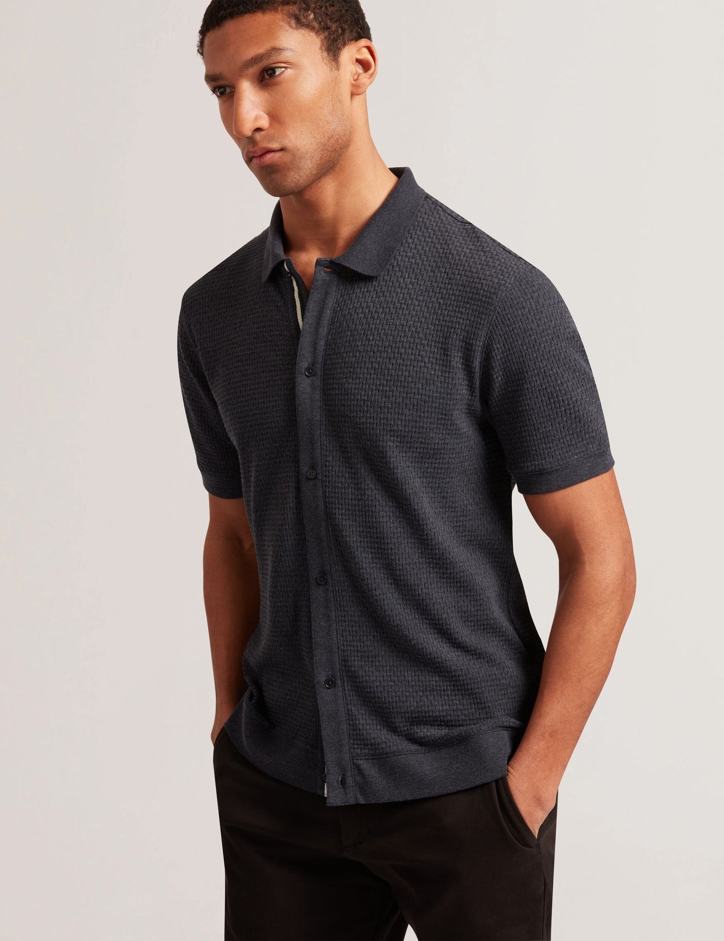 Ted Baker CONNYR Textured Knit Button-Through Polo Shirt in Navy NAVY