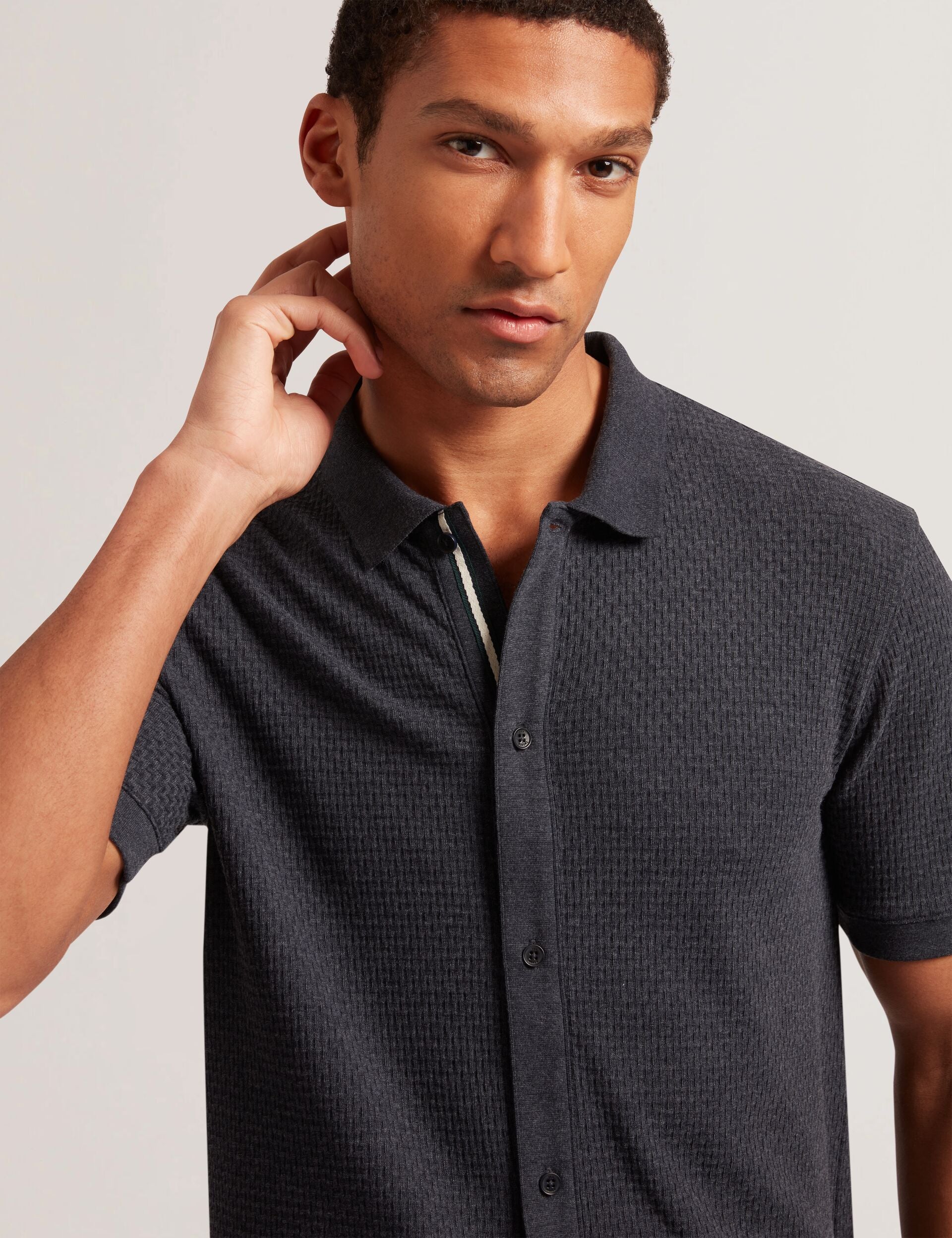 Ted Baker CONNYR Textured Knit Button-Through Polo Shirt in Navy NAVY