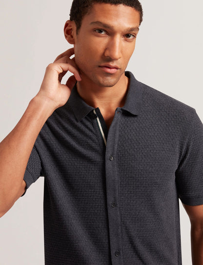 Ted Baker CONNYR Textured Knit Button-Through Polo Shirt in Navy NAVY
