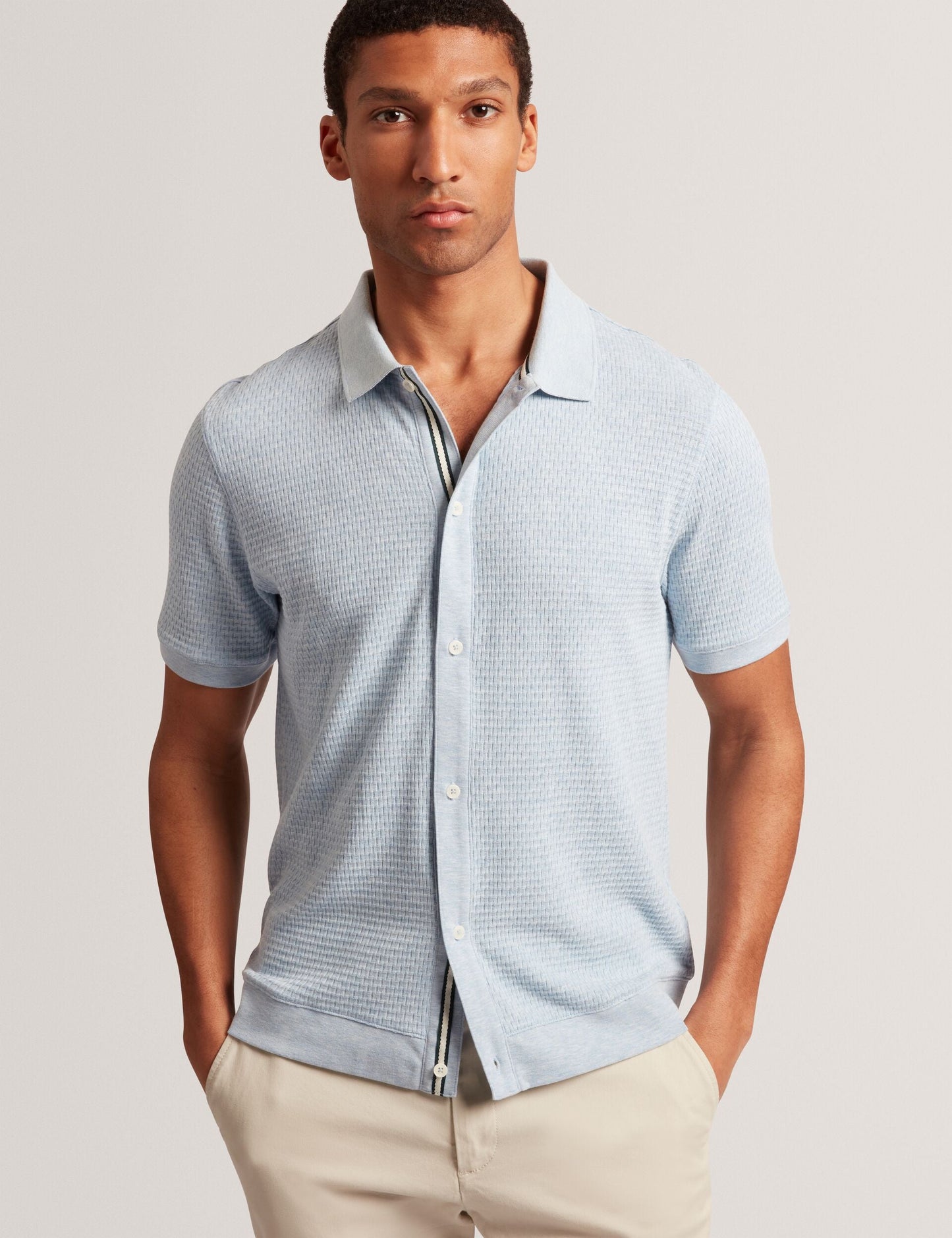 Ted Baker CONNYR Textured Knit Button-Through Polo Shirt in Mid Blue MID BLUE