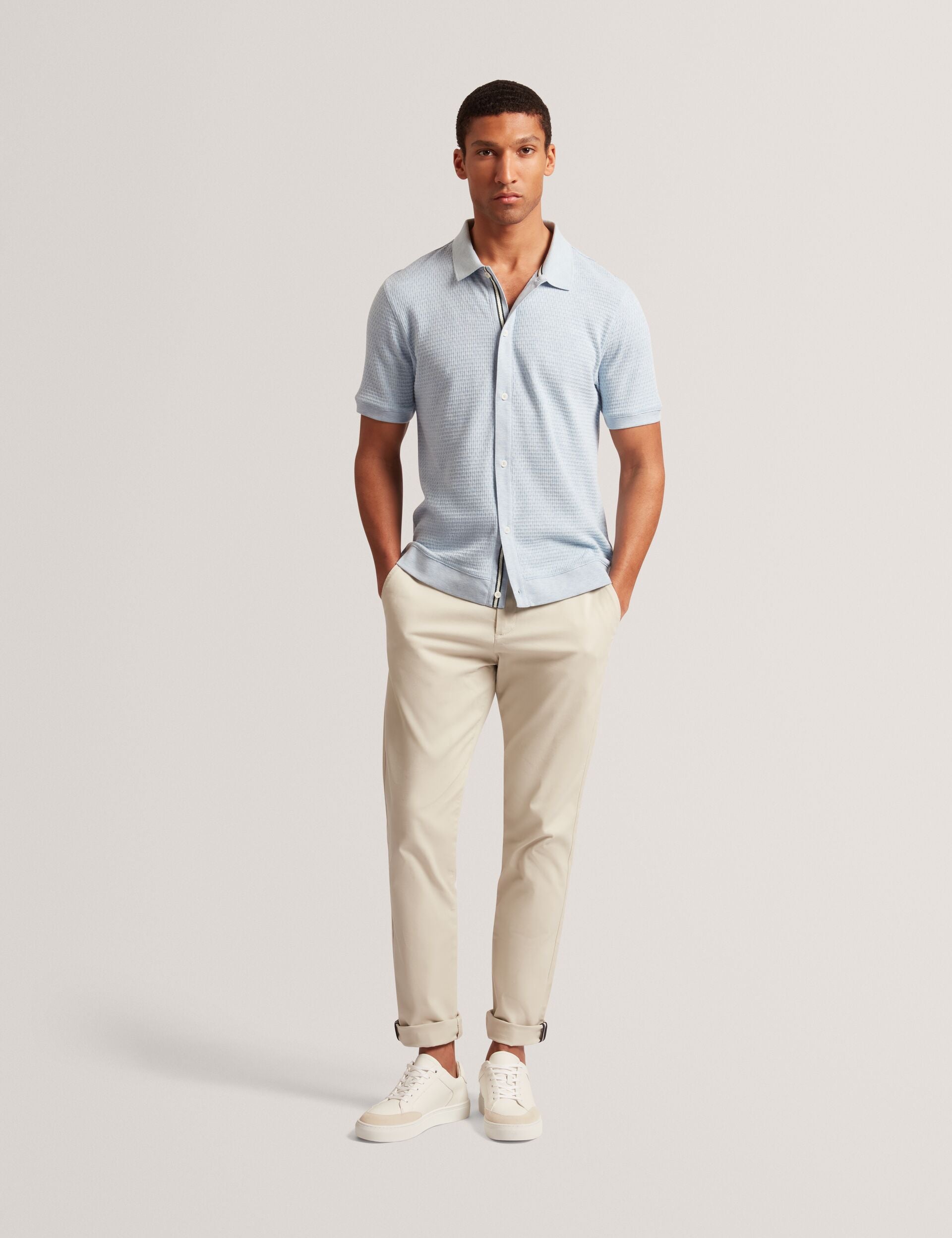 Ted Baker CONNYR Textured Knit Button-Through Polo Shirt in Mid Blue MID BLUE