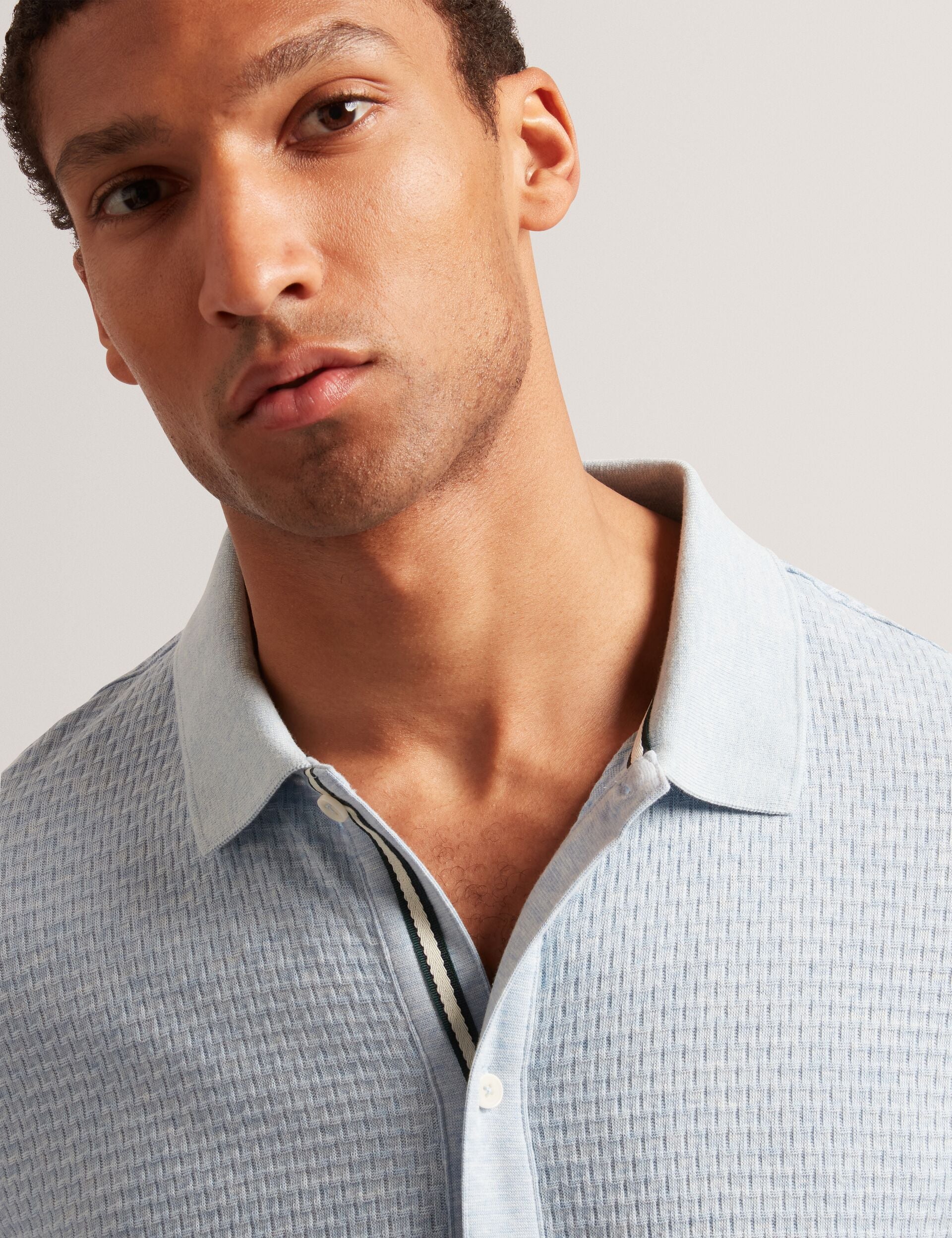 Ted Baker CONNYR Textured Knit Button-Through Polo Shirt in Mid Blue MID BLUE
