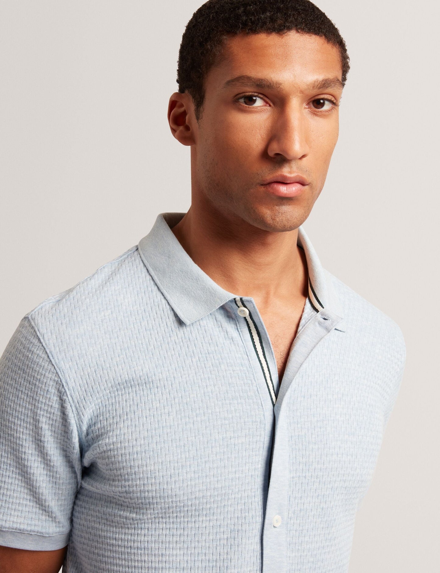 Ted Baker CONNYR Textured Knit Button-Through Polo Shirt in Mid Blue MID BLUE