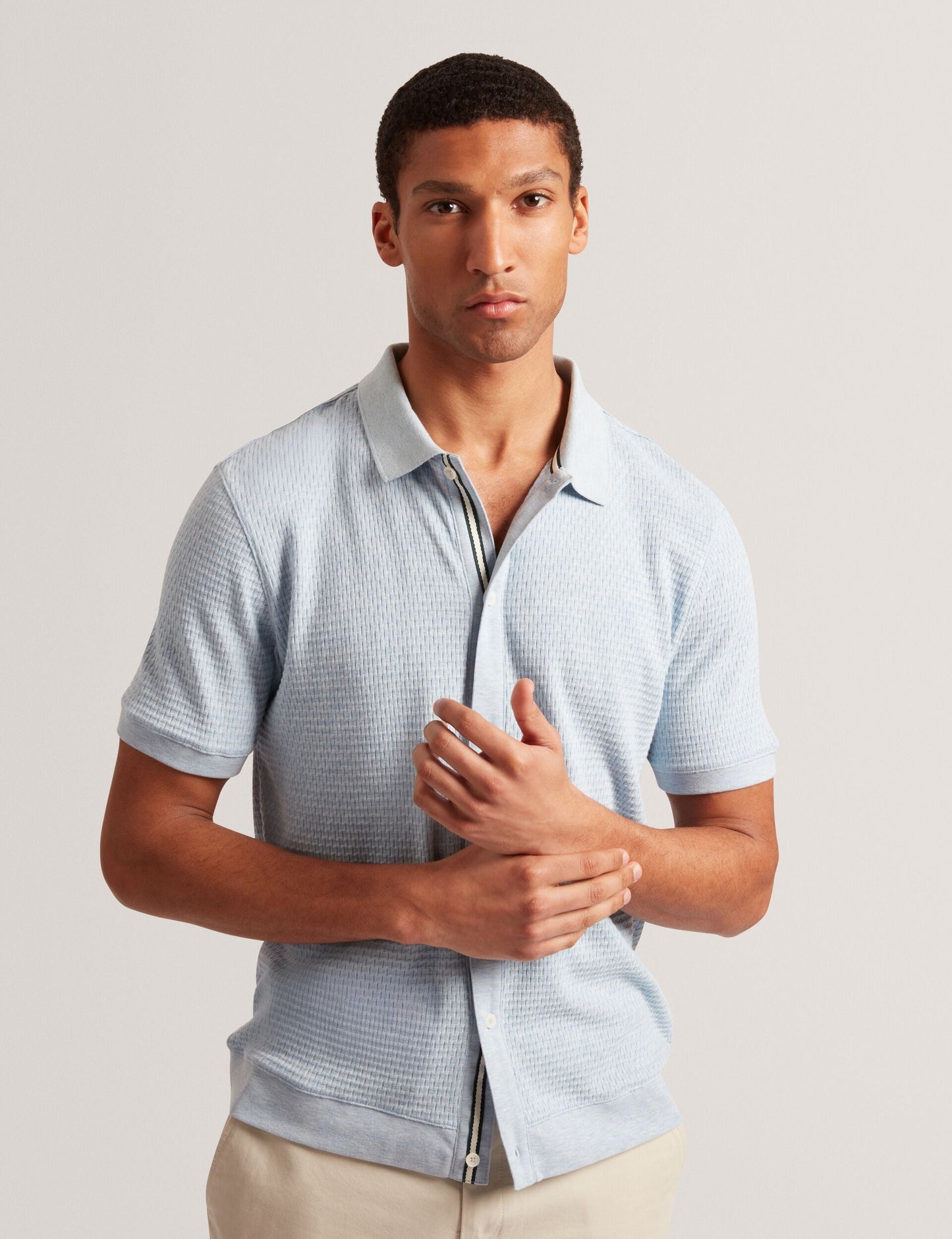 Ted Baker CONNYR Textured Knit Button-Through Polo Shirt in Mid Blue MID BLUE