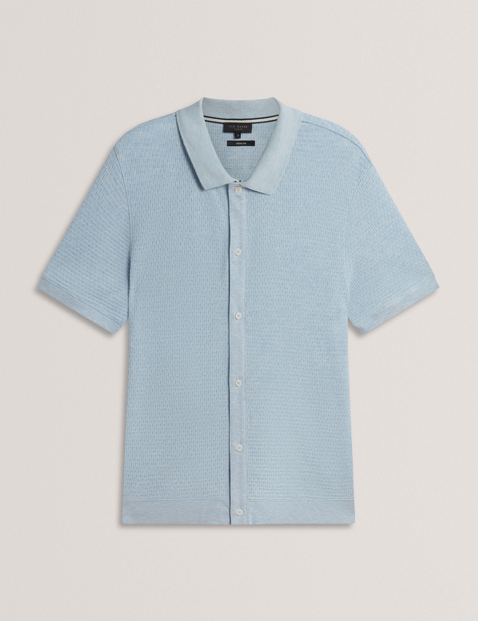 Ted Baker CONNYR Textured Knit Button-Through Polo Shirt in Mid Blue MID BLUE