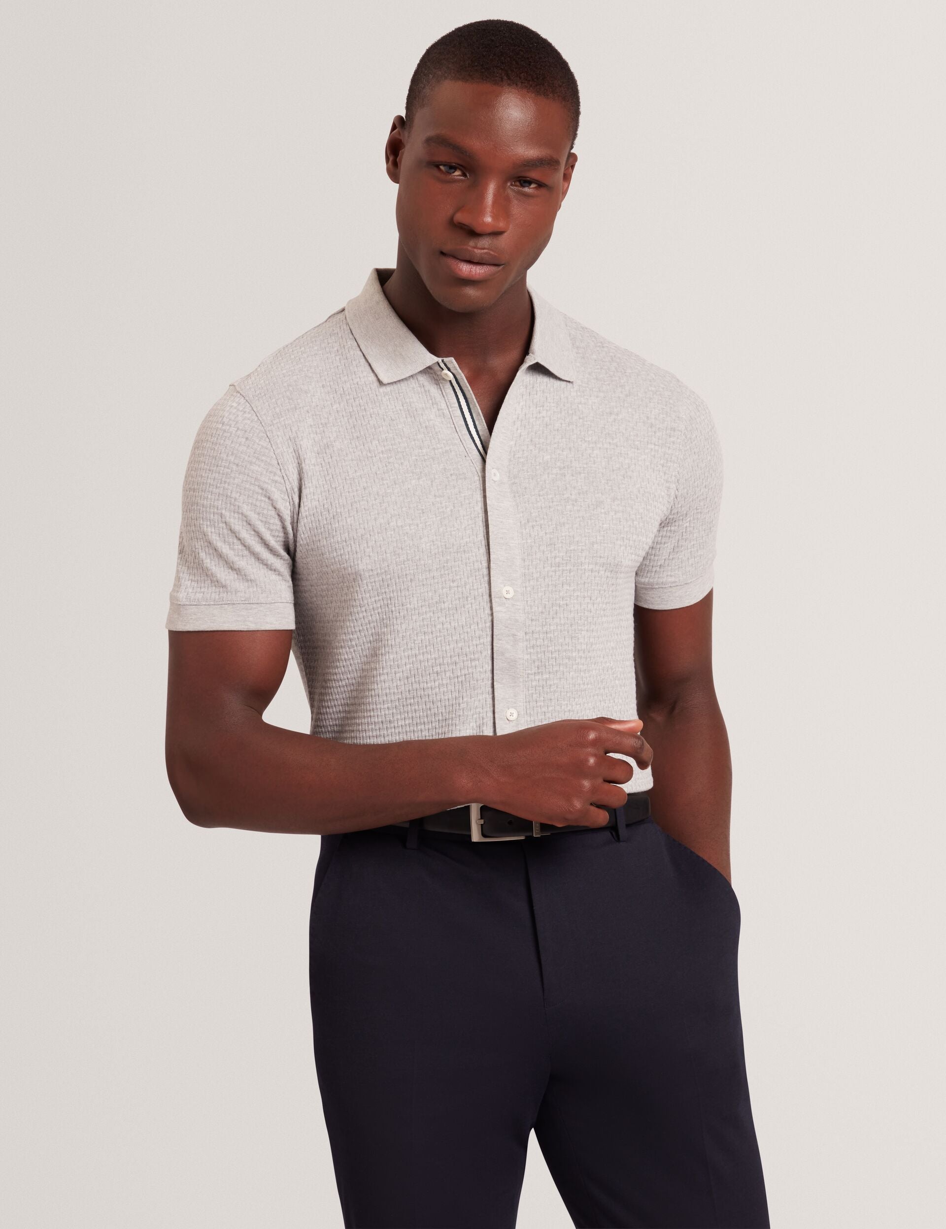 Ted Baker CONNYR Textured Knit Button-Through Polo Shirt in Light Grey LIGHT GREY