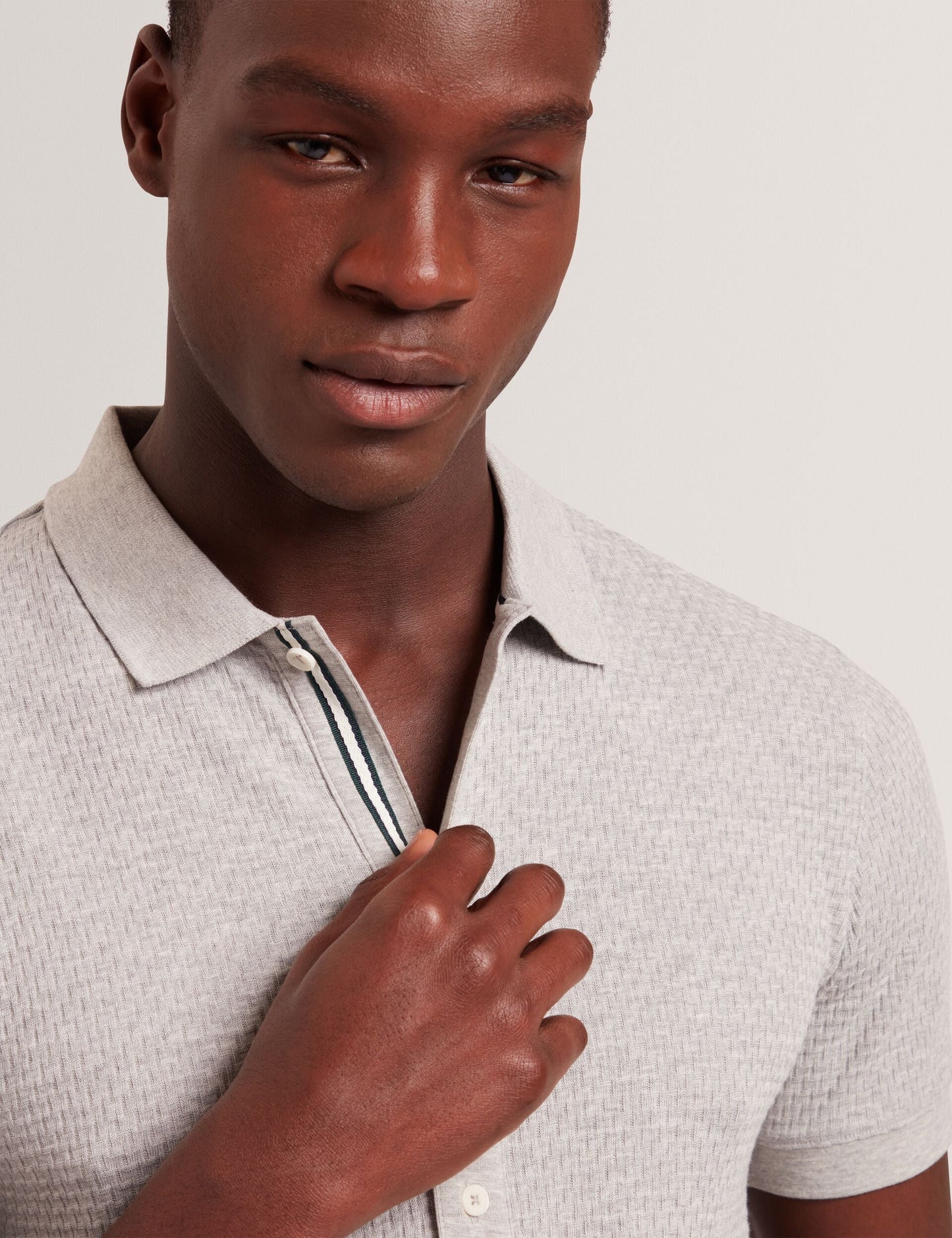 Ted Baker CONNYR Textured Knit Button-Through Polo Shirt in Light Grey LIGHT GREY