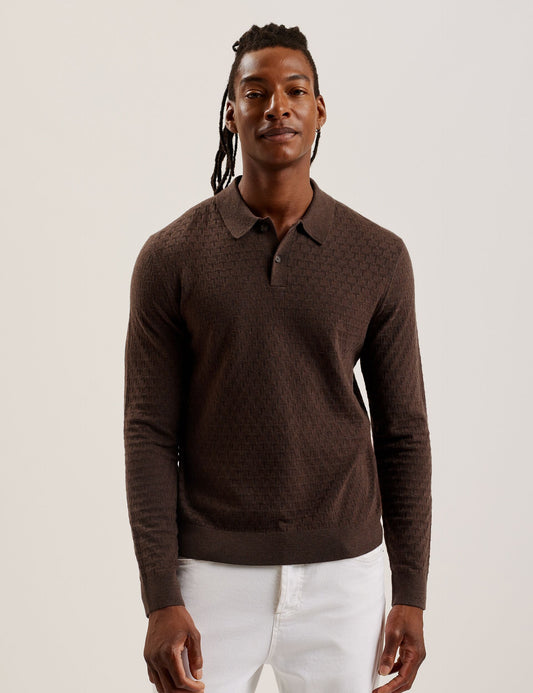 Ted Baker MORAR - Long Sleeve T Stitch Knitted Polo DARK BROWN