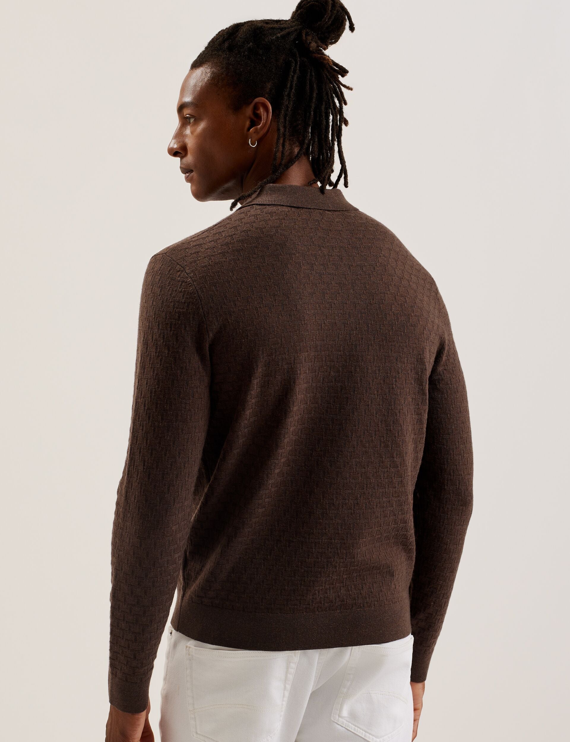 Ted Baker MORAR - Long Sleeve T Stitch Knitted Polo DARK BROWN