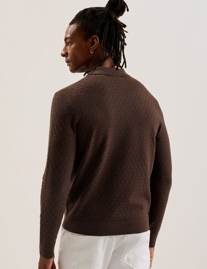 Ted Baker MORAR - Long Sleeve T Stitch Knitted Polo DARK BROWN