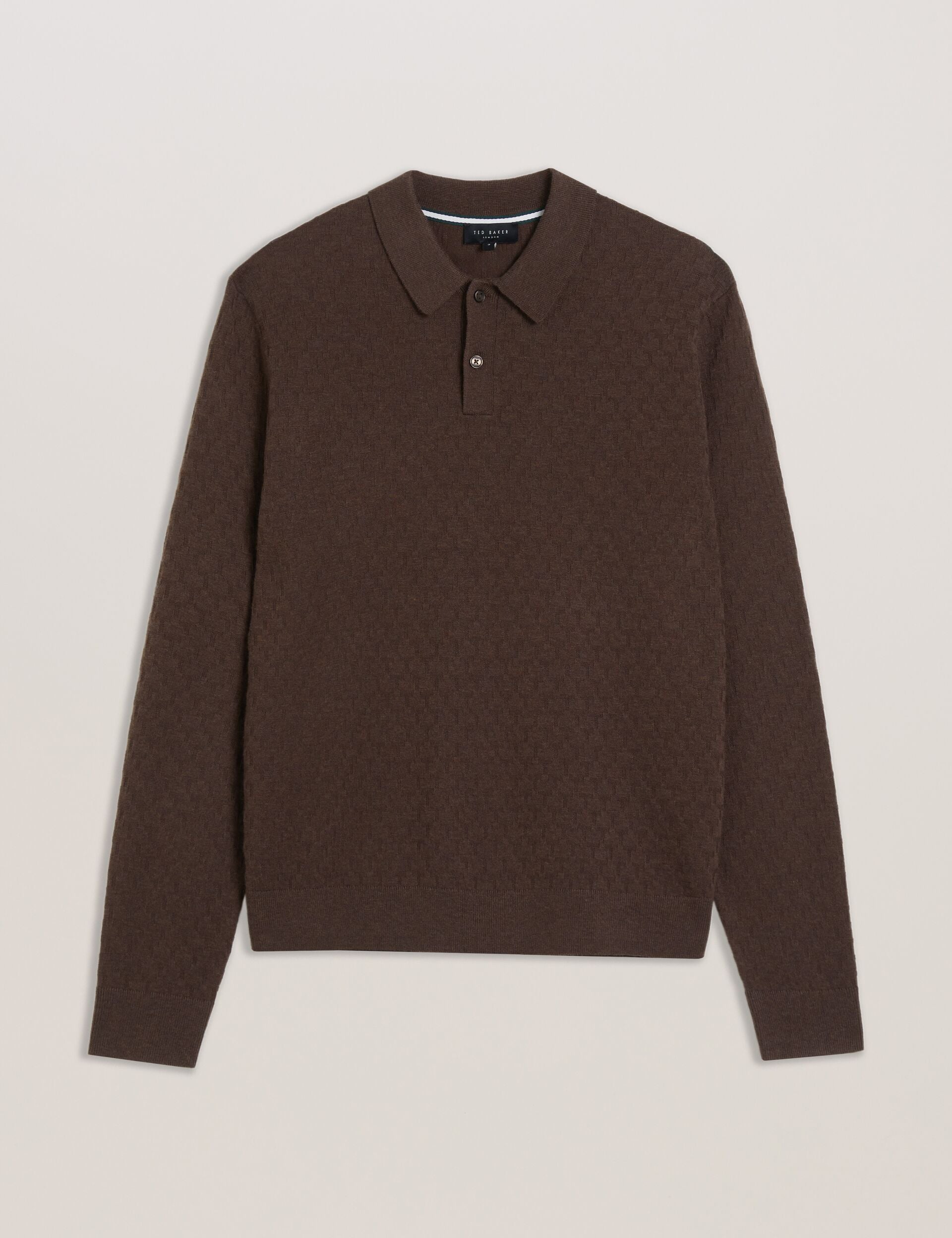 Ted Baker MORAR - Long Sleeve T Stitch Knitted Polo DARK BROWN