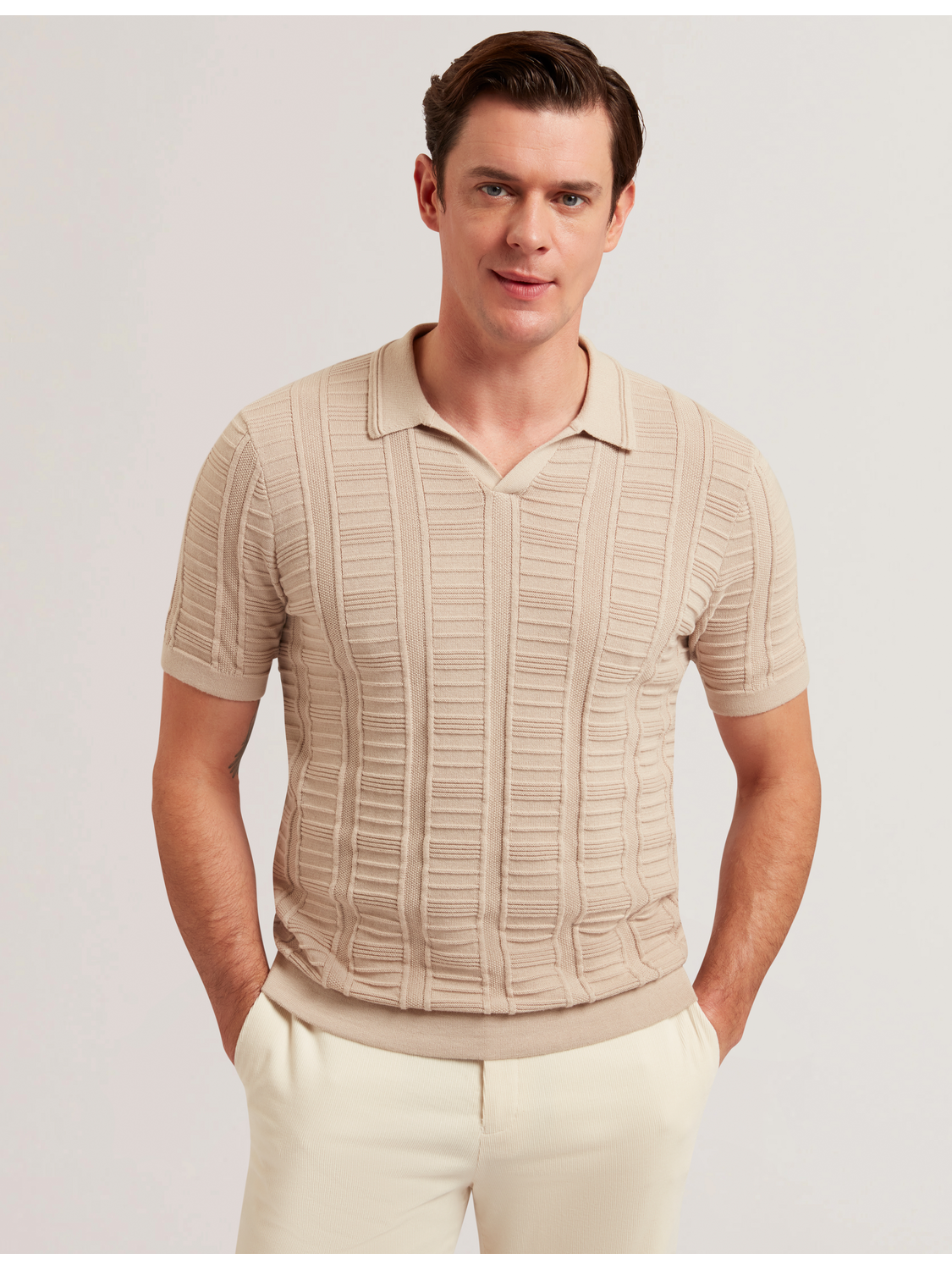 Ted Baker RUZZA - Textured Stripe Open Neck Knitted Polo Shirt TAUPE