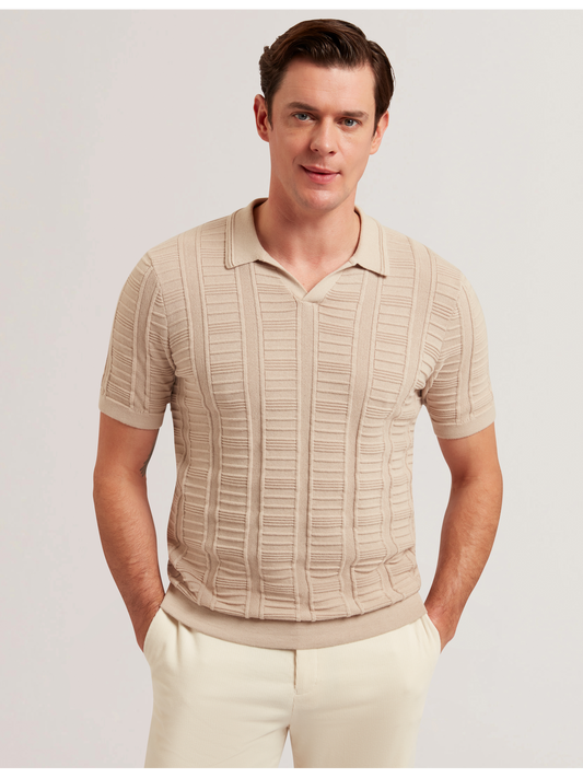 Ted Baker RUZZA - Textured Stripe Open Neck Knitted Polo Shirt TAUPE