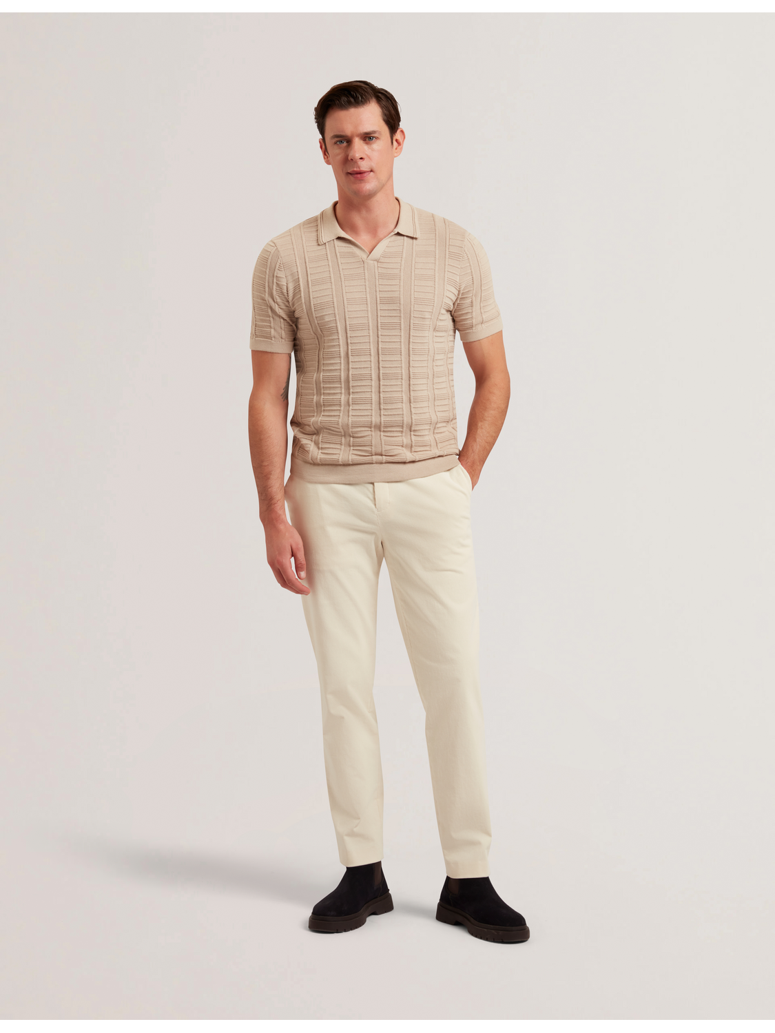 Ted Baker RUZZA - Textured Stripe Open Neck Knitted Polo Shirt TAUPE