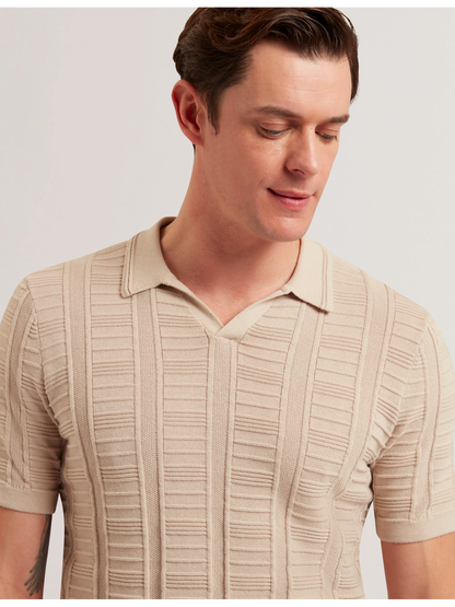 Ted Baker RUZZA - Textured Stripe Open Neck Knitted Polo Shirt TAUPE