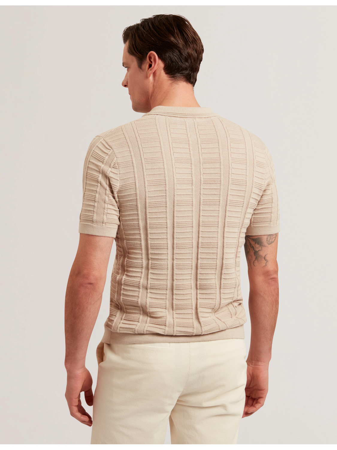 Ted Baker RUZZA - Textured Stripe Open Neck Knitted Polo Shirt TAUPE