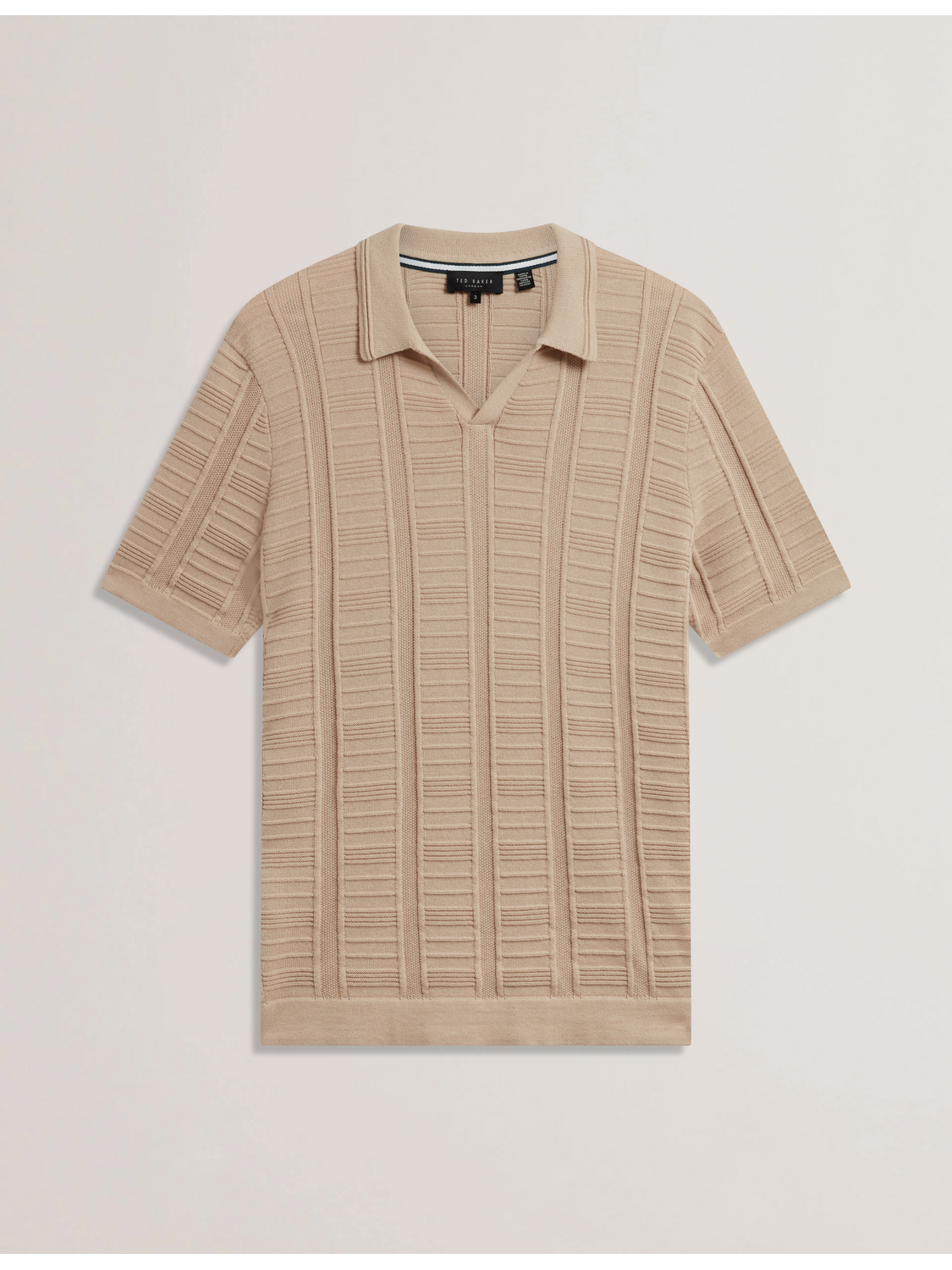 Ted Baker RUZZA - Textured Stripe Open Neck Knitted Polo Shirt TAUPE