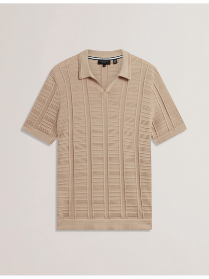 Ted Baker RUZZA - Textured Stripe Open Neck Knitted Polo Shirt TAUPE