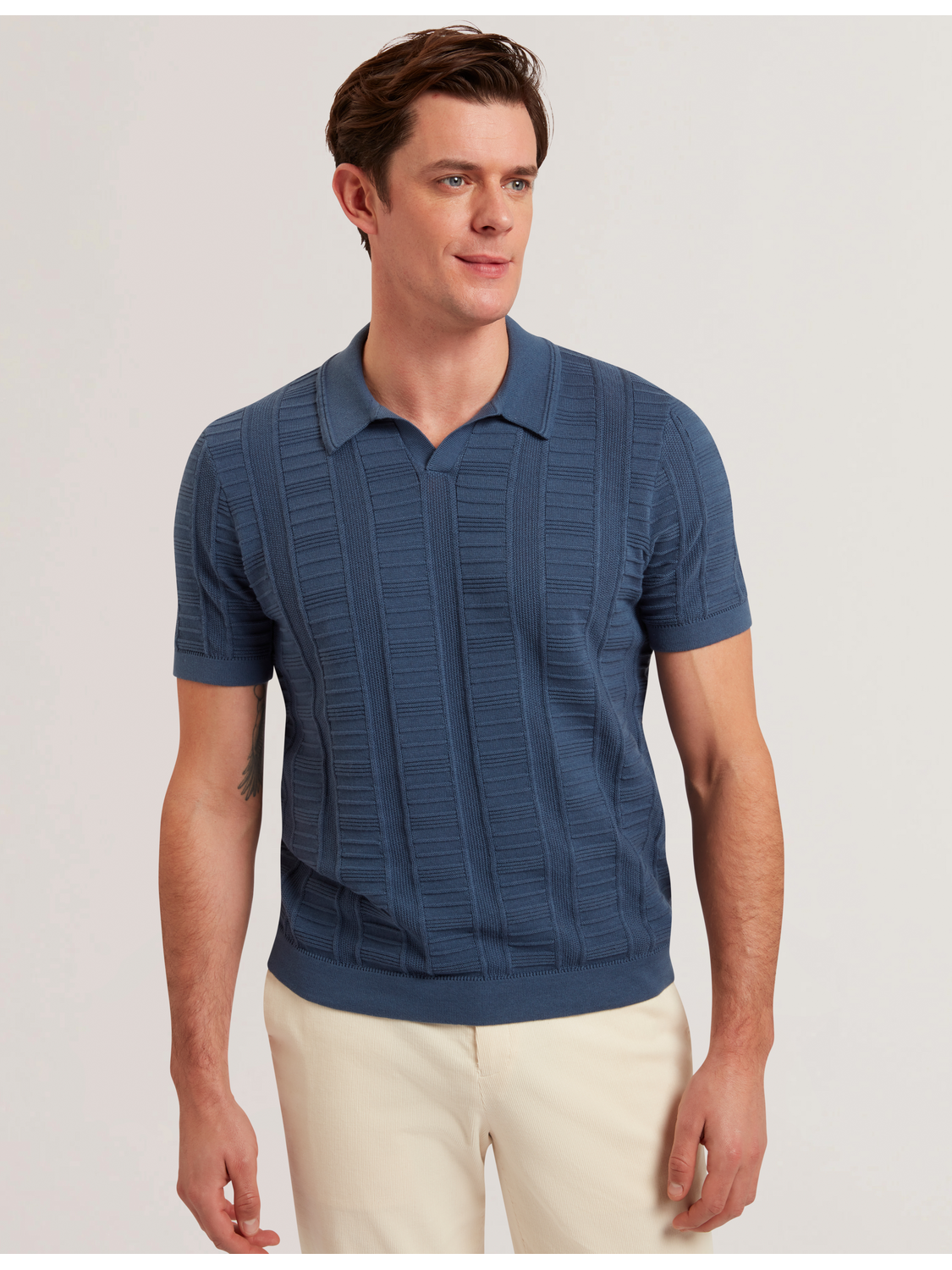 Ted Baker RUZZA - Textured Stripe Open Neck Knitted Polo Shirt DARK BLUE