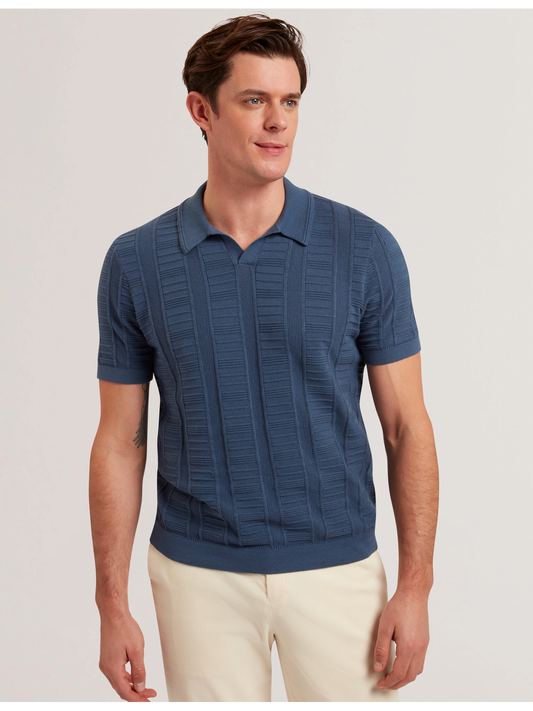 Ted Baker RUZZA - Textured Stripe Open Neck Knitted Polo Shirt DARK BLUE