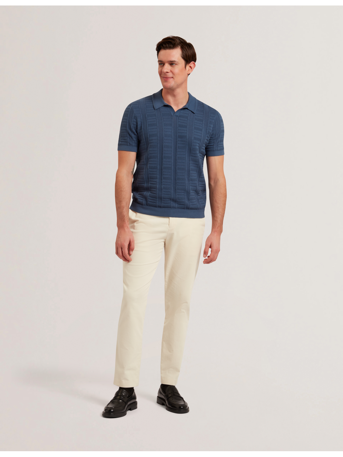 Ted Baker RUZZA - Textured Stripe Open Neck Knitted Polo Shirt DARK BLUE