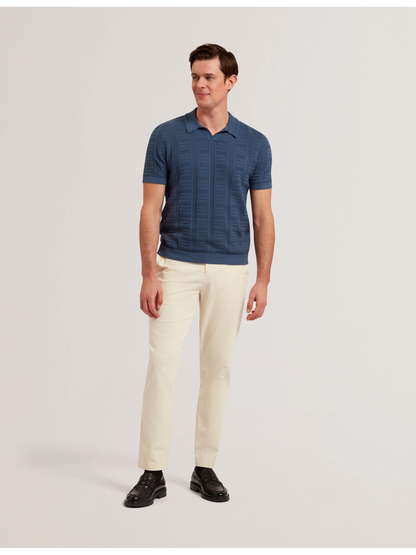 Ted Baker RUZZA - Textured Stripe Open Neck Knitted Polo Shirt DARK BLUE