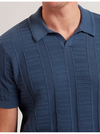 Ted Baker RUZZA - Textured Stripe Open Neck Knitted Polo Shirt DARK BLUE