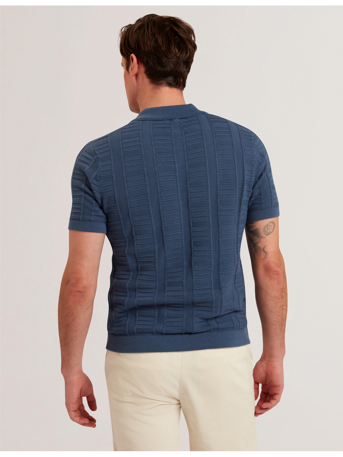 Ted Baker RUZZA - Textured Stripe Open Neck Knitted Polo Shirt DARK BLUE