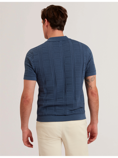 Ted Baker RUZZA - Textured Stripe Open Neck Knitted Polo Shirt DARK BLUE