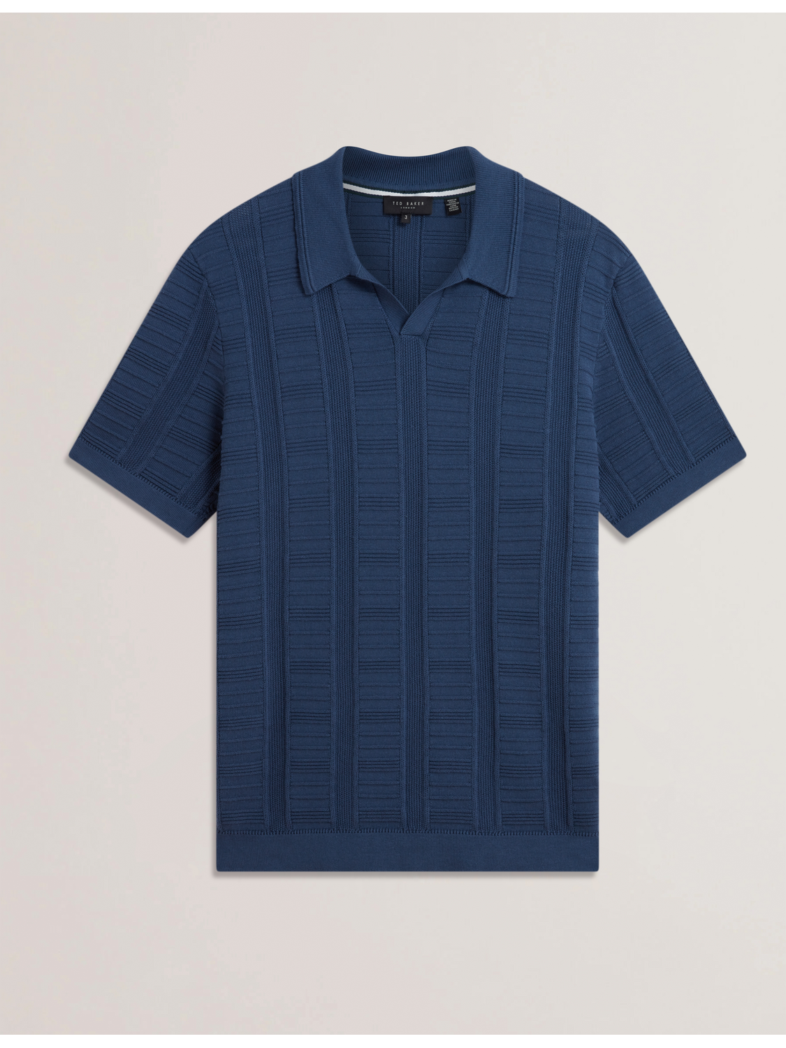 Ted Baker RUZZA - Textured Stripe Open Neck Knitted Polo Shirt DARK BLUE