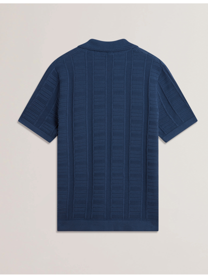 Ted Baker RUZZA - Textured Stripe Open Neck Knitted Polo Shirt DARK BLUE