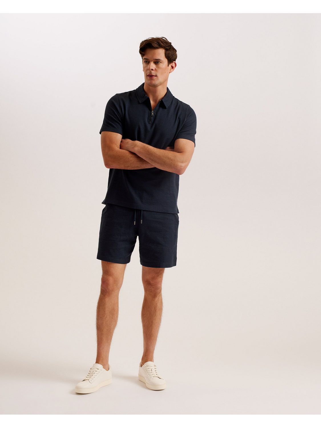 Ted Baker ZARKES - Ribbed Texture Zip Neck Cotton Polo Shirt NAVY