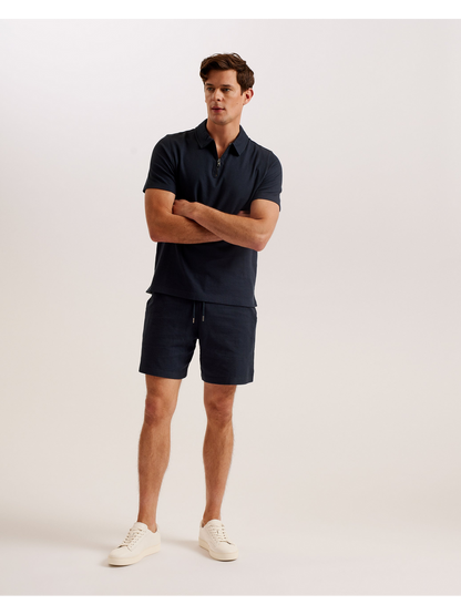 Ted Baker ZARKES - Ribbed Texture Zip Neck Cotton Polo Shirt NAVY