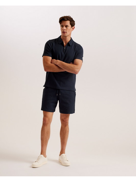 Ted Baker ZARKES - Ribbed Texture Zip Neck Cotton Polo Shirt NAVY