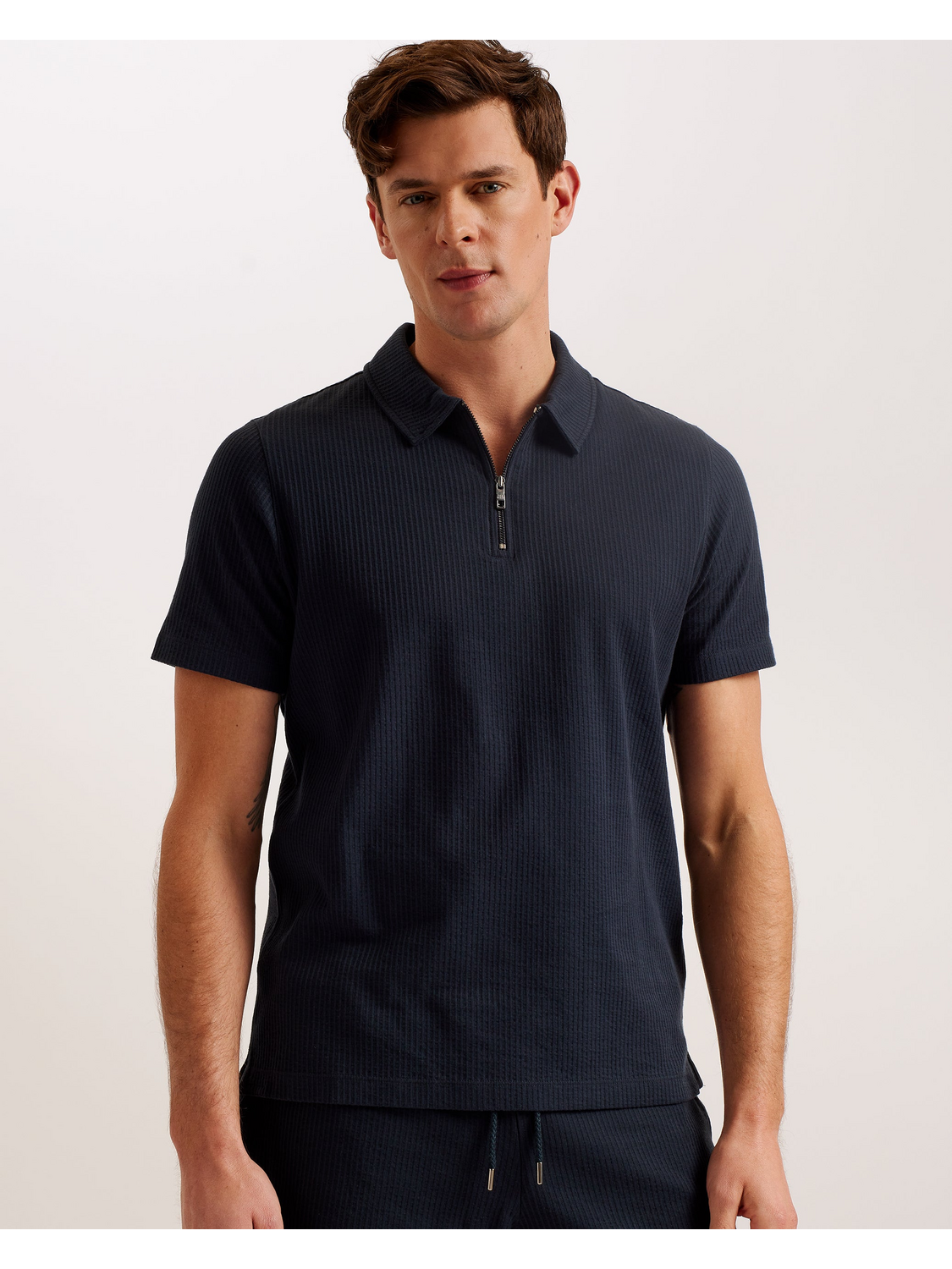 Ted Baker ZARKES - Ribbed Texture Zip Neck Cotton Polo Shirt NAVY