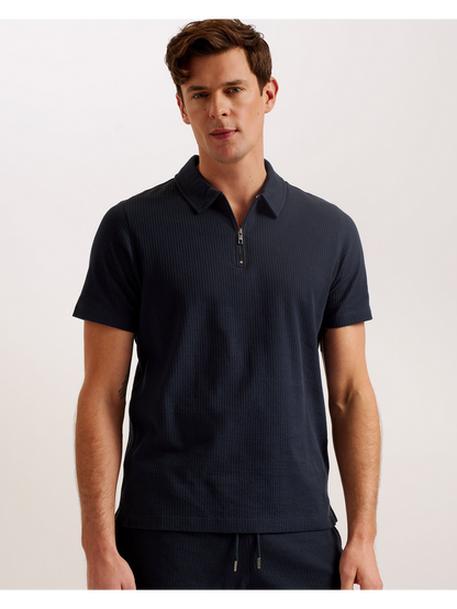 Ted Baker ZARKES - Ribbed Texture Zip Neck Cotton Polo Shirt NAVY