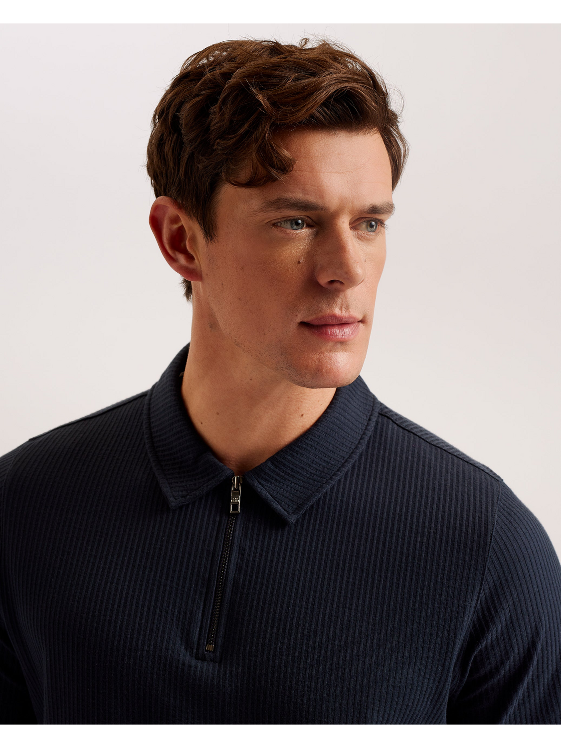 Ted Baker ZARKES - Ribbed Texture Zip Neck Cotton Polo Shirt NAVY
