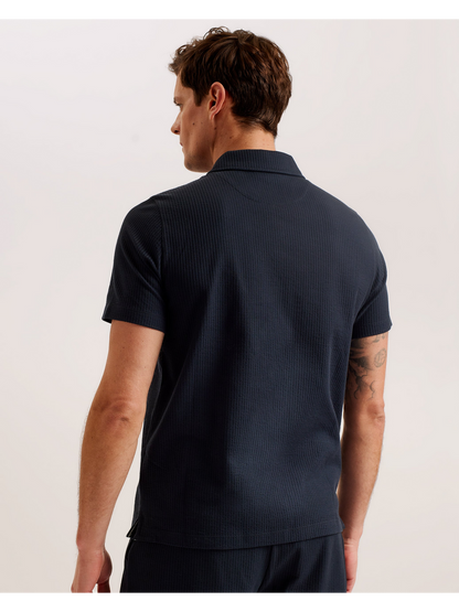 Ted Baker ZARKES - Ribbed Texture Zip Neck Cotton Polo Shirt NAVY