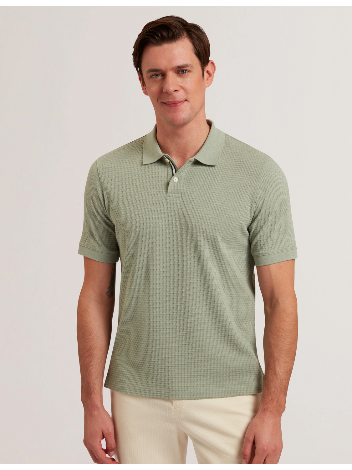 Ted Baker REDMAN - Textured Pure Cotton Knitted Polo Shirt GREEN