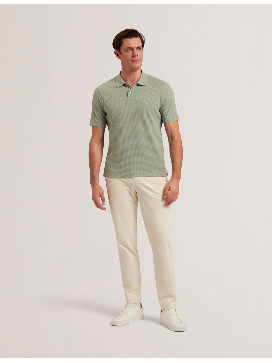 Ted Baker REDMAN - Textured Pure Cotton Knitted Polo Shirt GREEN