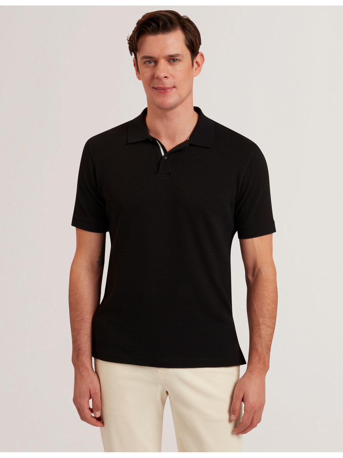 Ted Baker REDMAN - Textured Pure Cotton Knitted Polo Shirt BLACK