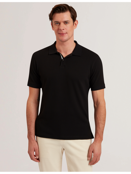 Ted Baker REDMAN - Textured Pure Cotton Knitted Polo Shirt BLACK